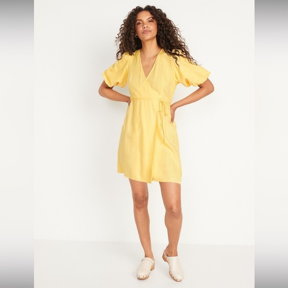 Old Navy Linen Waist Define Puff Sleeve Wrap Dress Morning Sun - Picture 1 of 15